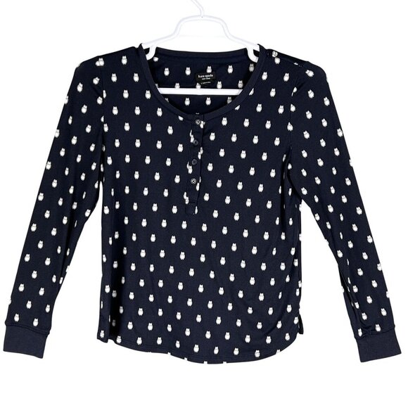 Kate Spade Womens S Navy Blue Owl Henley Jogger PJ Set Long Sleeves Button Front - Picture 3 of 16